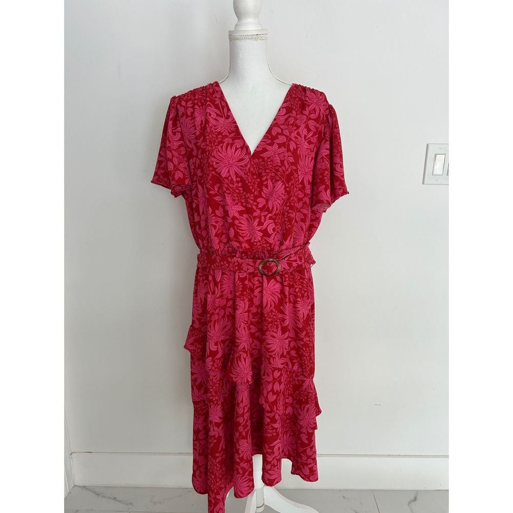 Sofia Jeans by Sofia‎ Vergara Red Pink Floral Ruffle Midi Dress XXXL Plus Size